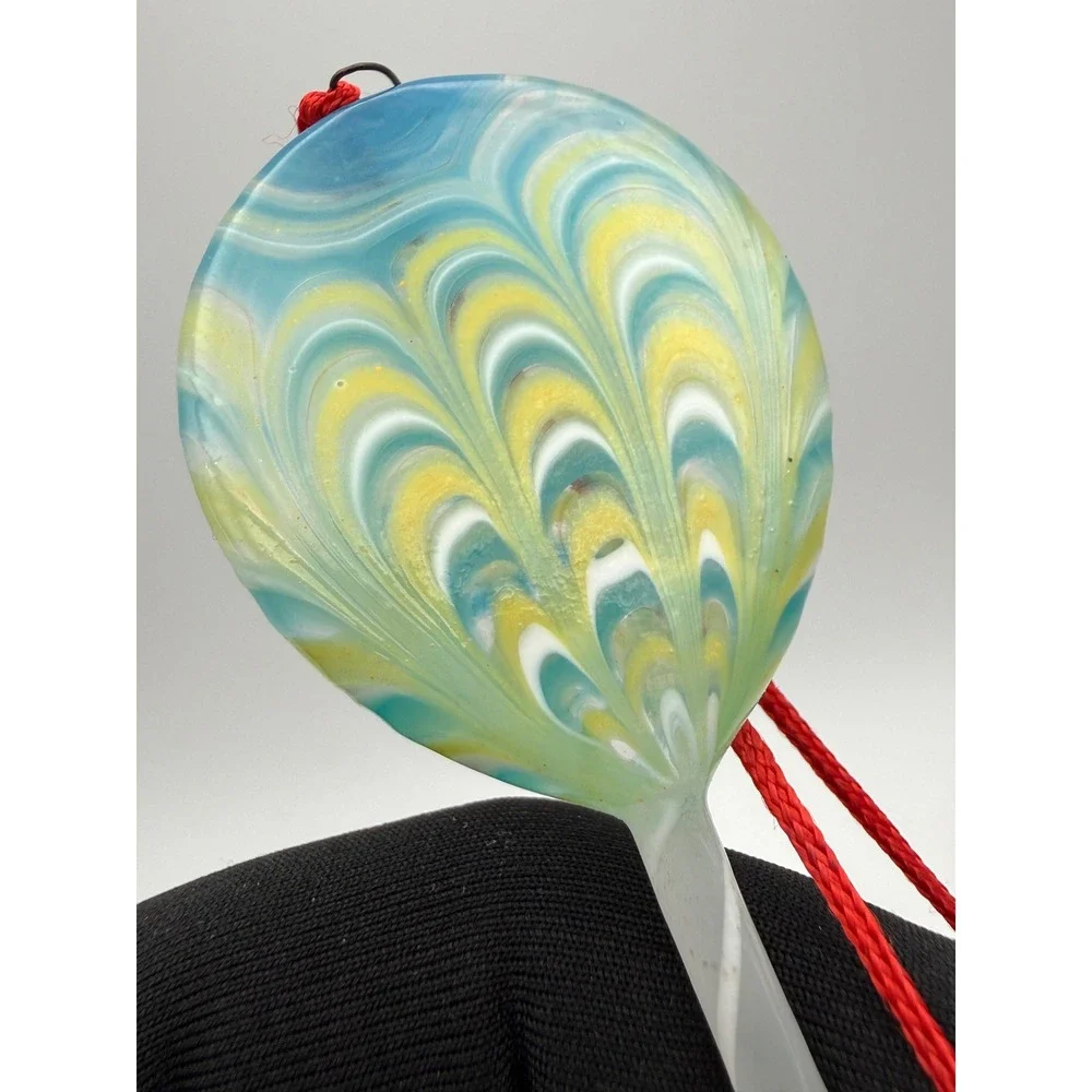 Handmade Art Glass Hair Pin Peacock Feather Design Teal Yellow with Red Box